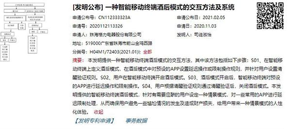 格力公開手機(jī)“酒后模式”專利：用戶可預(yù)設(shè)鎖定財(cái)產(chǎn)、通訊等類別APP